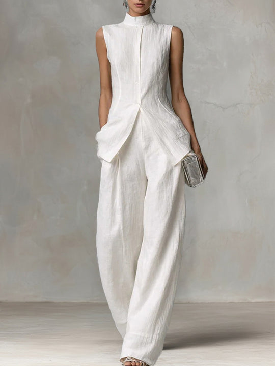 Damen Ärmelloser Leinen-Jumpsuit mit Stehkragen und weitem Bein Nord Taschen