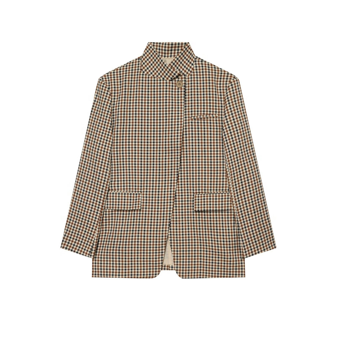 Damen Karierter Longblazer mit Stehkragen, verdeckter Knopfleiste und Pattentaschen Nord Taschen