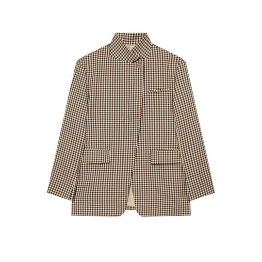Damen Karierter Longblazer mit Stehkragen, verdeckter Knopfleiste und Pattentaschen Nord Taschen