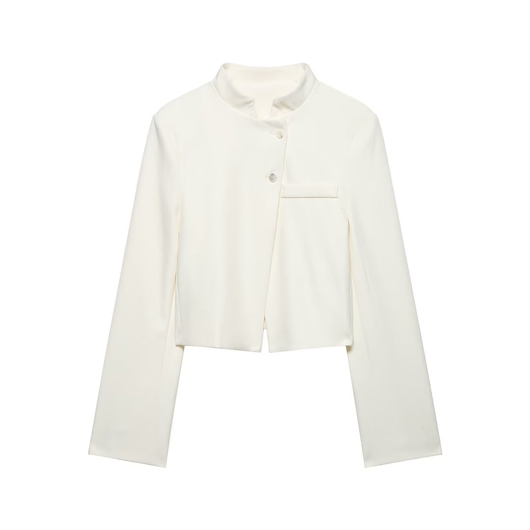 Damen Kurzer taillierter Blazer mit Stehkragen und asymmetrischer Knopfleiste Nord Taschen
