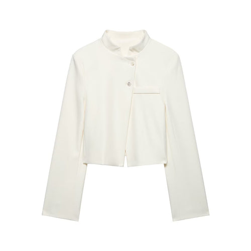 Damen Kurzer taillierter Blazer mit Stehkragen und asymmetrischer Knopfleiste Nord Taschen