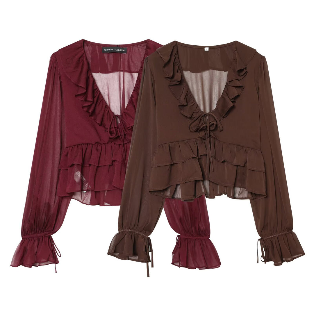 Damen Chiffon-Croppedbluse mit Rüschenvolant, Bindeband und Ballonärmeln Nord Taschen