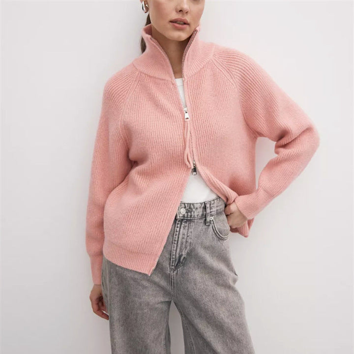 Damen Strickjacke mit hohem Kragen und Reißverschluss