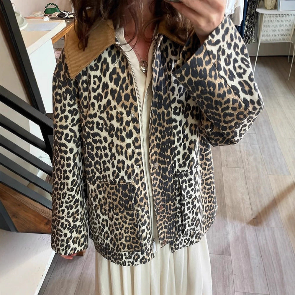 Damen Oversize-Fieldjacke mit Leoprint und kontrastierendem Cordkragen Nord Taschen