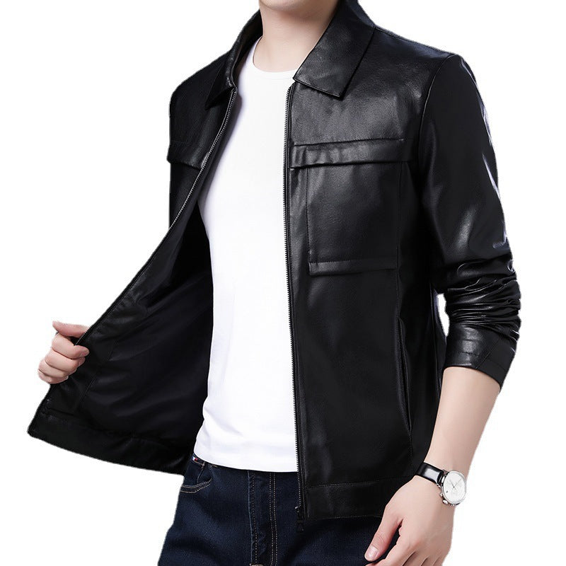 Herren Slim‑Fit Lederoptik-Truckerjacke mit Hemdkragen, verdecktem Reißverschluss und Pattentaschen Nord Taschen