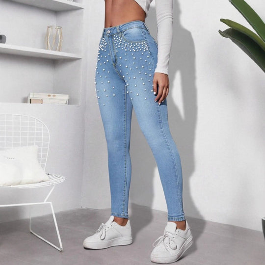 Damen High‑Waist Skinny-Jeans mit dekorativem Perlen-Cluster und Sculpting-Schnitt Nord Taschen