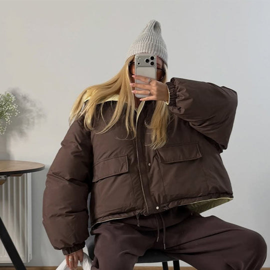 Damen Kurze Oversize Steppjacke mit hohem Kragen und wattierter Fütterung Nord Taschen