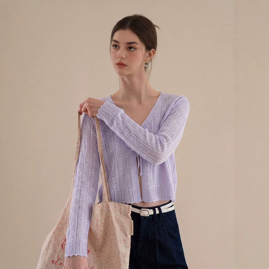 Damen Leichter gehäkelter Kurzcardigan mit V‑Ausschnitt, Bindeband und Ajourmuster Nord Taschen