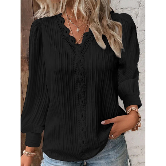 Damen Plissierte V‑Ausschnitt Bluse mit Spitzenbesatz und Ballonärmeln Nord Taschen