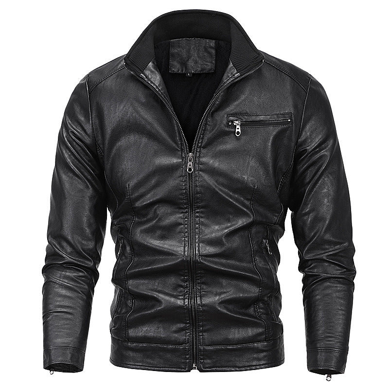 Herren schlanker Kunstleder‑Moto‑Blouson mit Stehkragen und Reißverschluss Nord Taschen