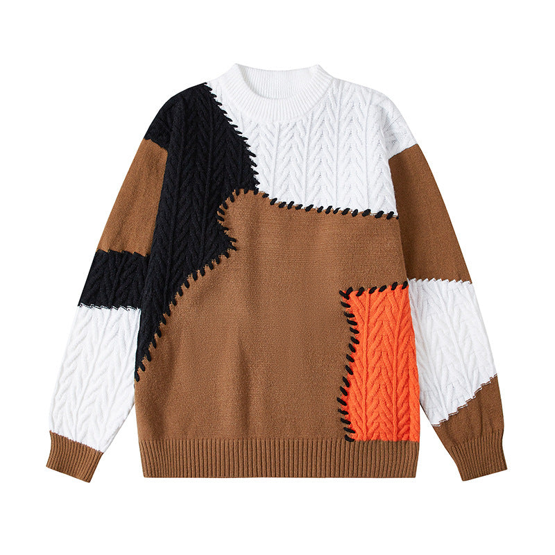 Herren strukturierter Patchwork-Strickpullover mit Zopfmuster und Rundhals Nord Taschen