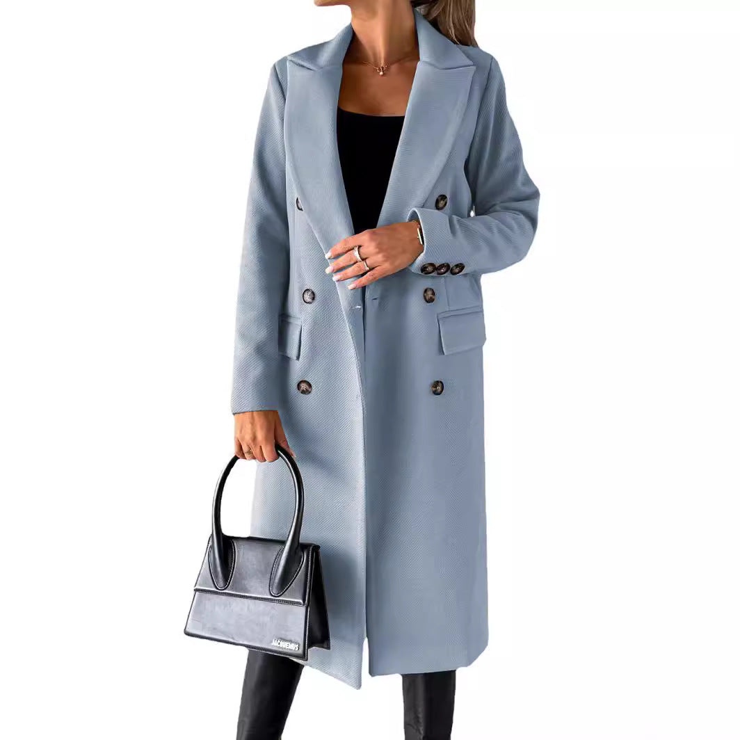 Damen Doppelreihiger Wollmantel im Longline‑Schnitt mit Reverskragen und Pattentaschen Nord Taschen