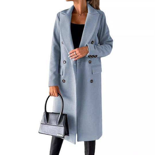 Damen Doppelreihiger Wollmantel im Longline‑Schnitt mit Reverskragen und Pattentaschen Nord Taschen