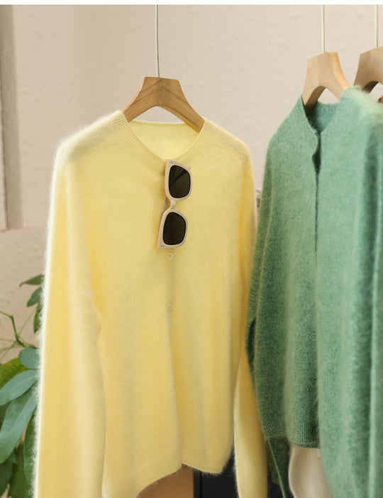 Damen Flauschiger Mohair-Optik Knopf-Cardigan mit Rundhalsausschnitt Nord Taschen