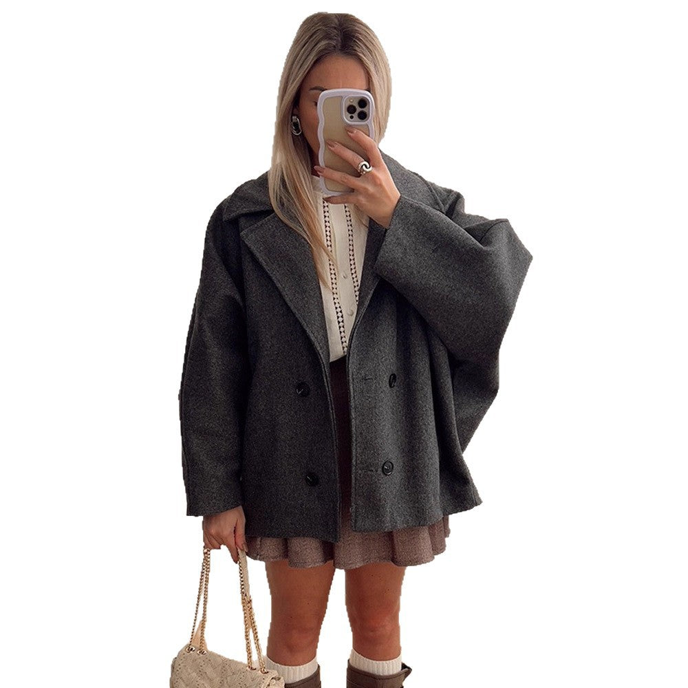 Damen Boxy-Wollmix-Cocoon-Jacke mit doppelreihiger Knopfleiste und weitem Revers Nord Taschen