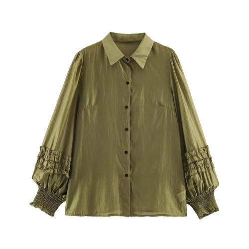 Damen Seidenähnliche Bluse mit Volumenärmeln, Stufenrüschen und Smokbündchen Nord Taschen