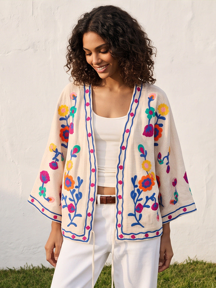 Damen bestickte Leinen‑Überwurfjacke mit folkloristischen Blumenapplikationen Nord Taschen