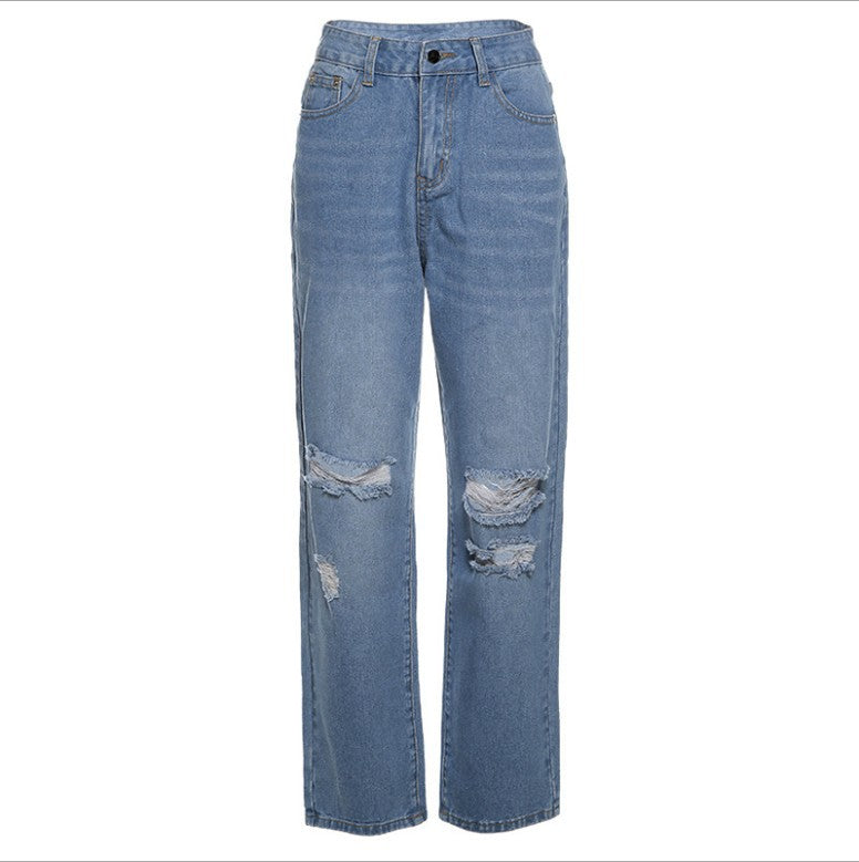 Damen hochgeschnittene weite Jeanshose im Baggy-Stil mit Knieausfransungen und elastischem Saum Nord Taschen