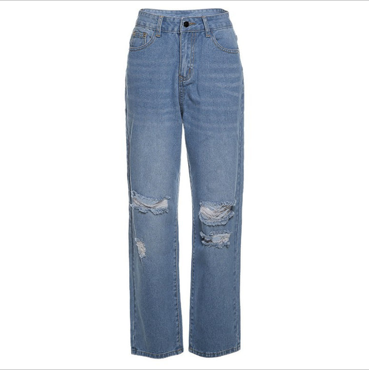 Damen hochgeschnittene weite Jeanshose im Baggy-Stil mit Knieausfransungen und elastischem Saum Nord Taschen