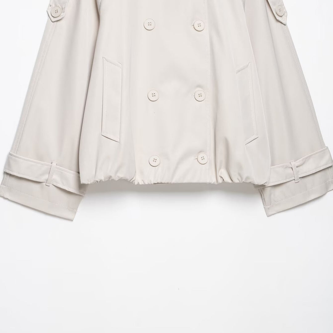 Damen Kurzgeschnittener Cape-Trench mit hohem Funnelkragen und doppelreihiger Knopfleiste Nord Taschen