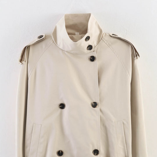 Damen Kurze Doppelreihige Taillengürtel-Trenchjacke mit hohem Funnelkragen und Schulterriegeln Nord Taschen