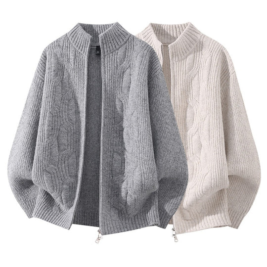 Damen Weicher Oversize‑Zopfmuster‑Cardigan mit Stehkragen & Zwei‑Wege‑Reißverschluss Nord Taschen