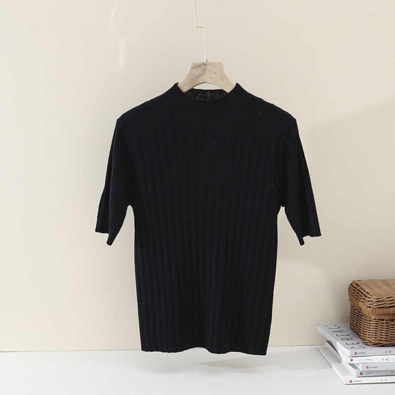 Damen Feines Geripptes Kurzarm-Feinstrickshirt mit Stehkragen Nord Taschen