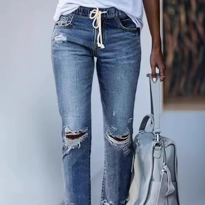 Damen Cropped-Denim-Jeans mit Tunnelzugbund, Destroyed-Kniepartien und rohem Saum Nord Taschen