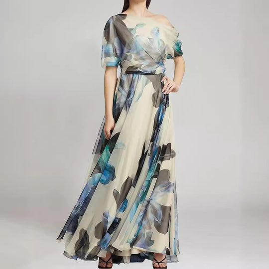 Damen elegantes Chiffon-Kleid mit schulterfreiem Design und floralem Muster