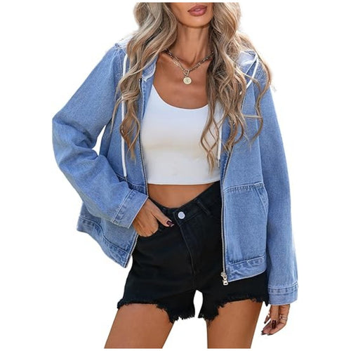 Damen Oversize Jeanskapuzenjacke mit Reißverschluss und aufgesetzten Taschen Nord Taschen