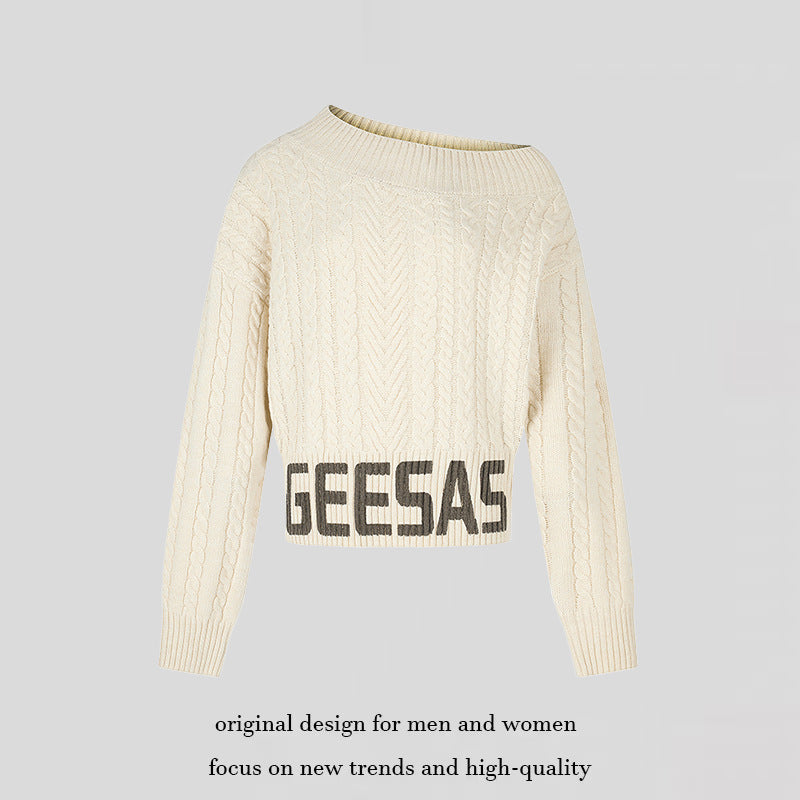 Damen Kurzer Zopfstrick-Pullover mit weitem Boat-Ausschnitt und markantem Logobund Nord Taschen