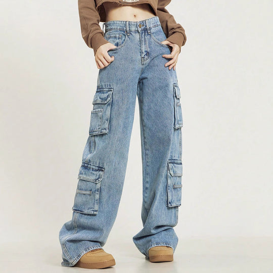 Damen Weite Cargo-Denim-Jeans mit mehreren Klapptaschen und relaxed Fit Nord Taschen