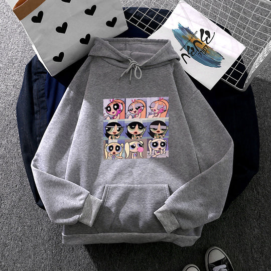Damen nan lässiger Kapuzenpullover mit quadratischem Cartoon-Collageprint weiches Fleece Innenfutter und aufgesetzter Kängurutasche Nord Taschen