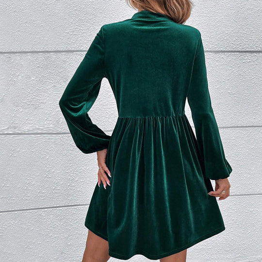 Damen samtiges Babydoll-Minikleid mit Empire-Taille Quastenbindung und langen Glockenärmeln Nord Taschen