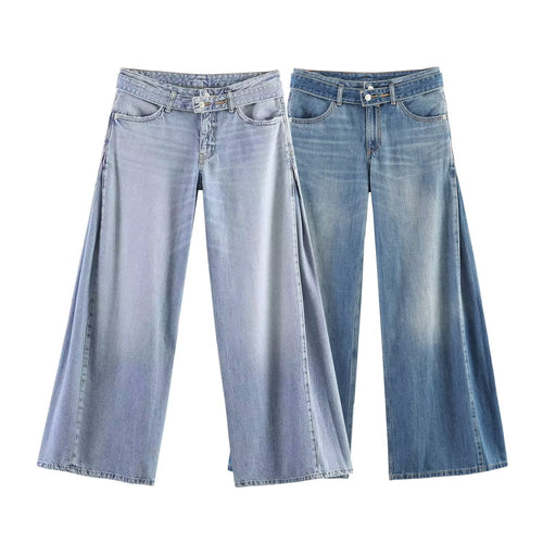 Damen Weite Denim-Hose mit extraweitem Schlag und seitlichen Falteinsätzen Nord Taschen