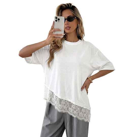 Damen Elegantes T-Shirt mit Spitzenrand Nord Taschen