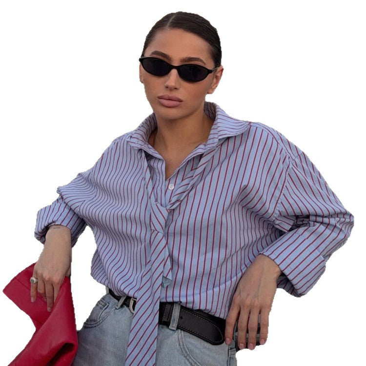 Damen Gestreifte Hemdbluse mit integriertem Schlipsdetail & Oversize-Schnitt Nord Taschen