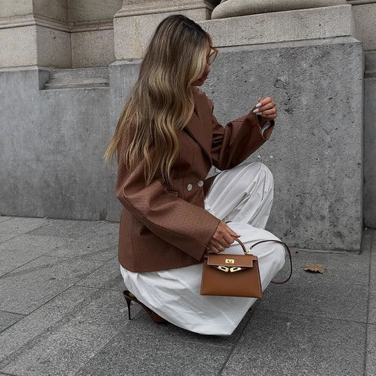 Damen Boxy-Blazer mit taillierter Drapierung und strukturierter Lederimitat-Optik Nord Taschen