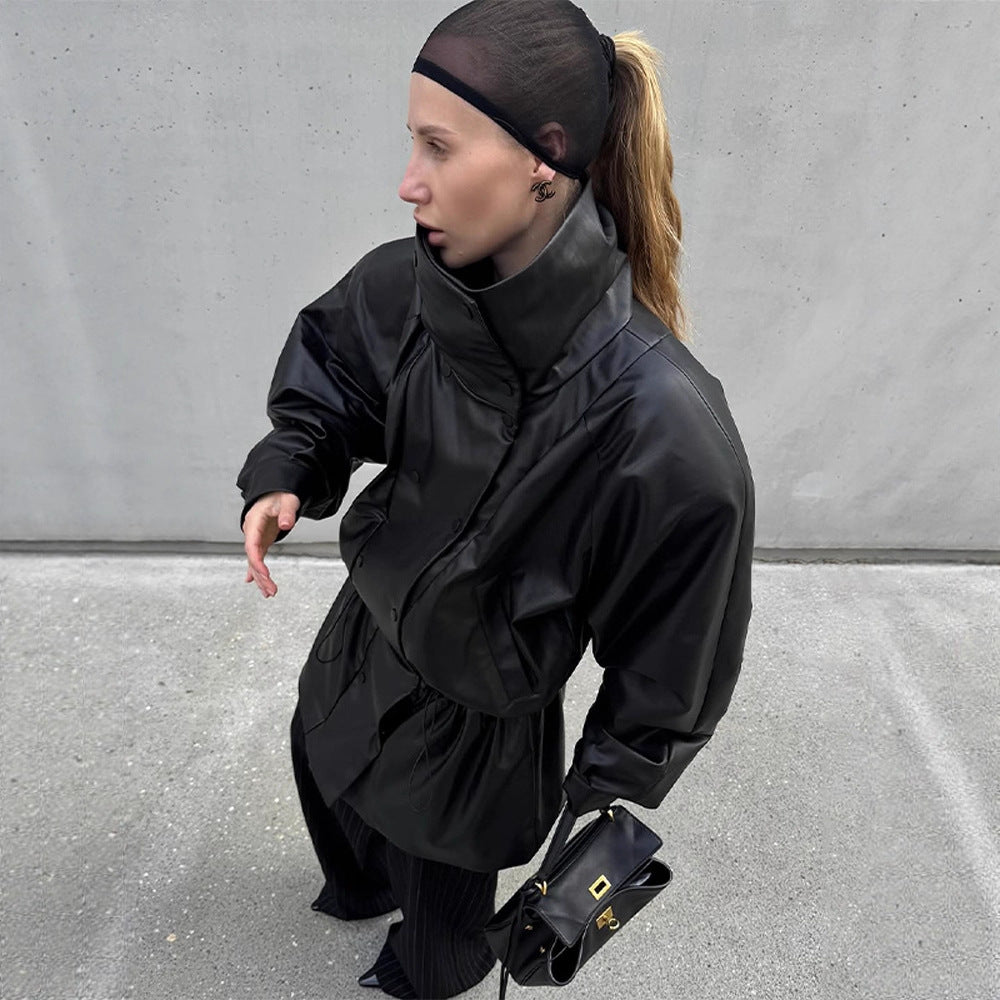 Damen Oversize Kunstleder-Parka mit hohem Stehkragen und verstellbarem Kordelzug Nord Taschen