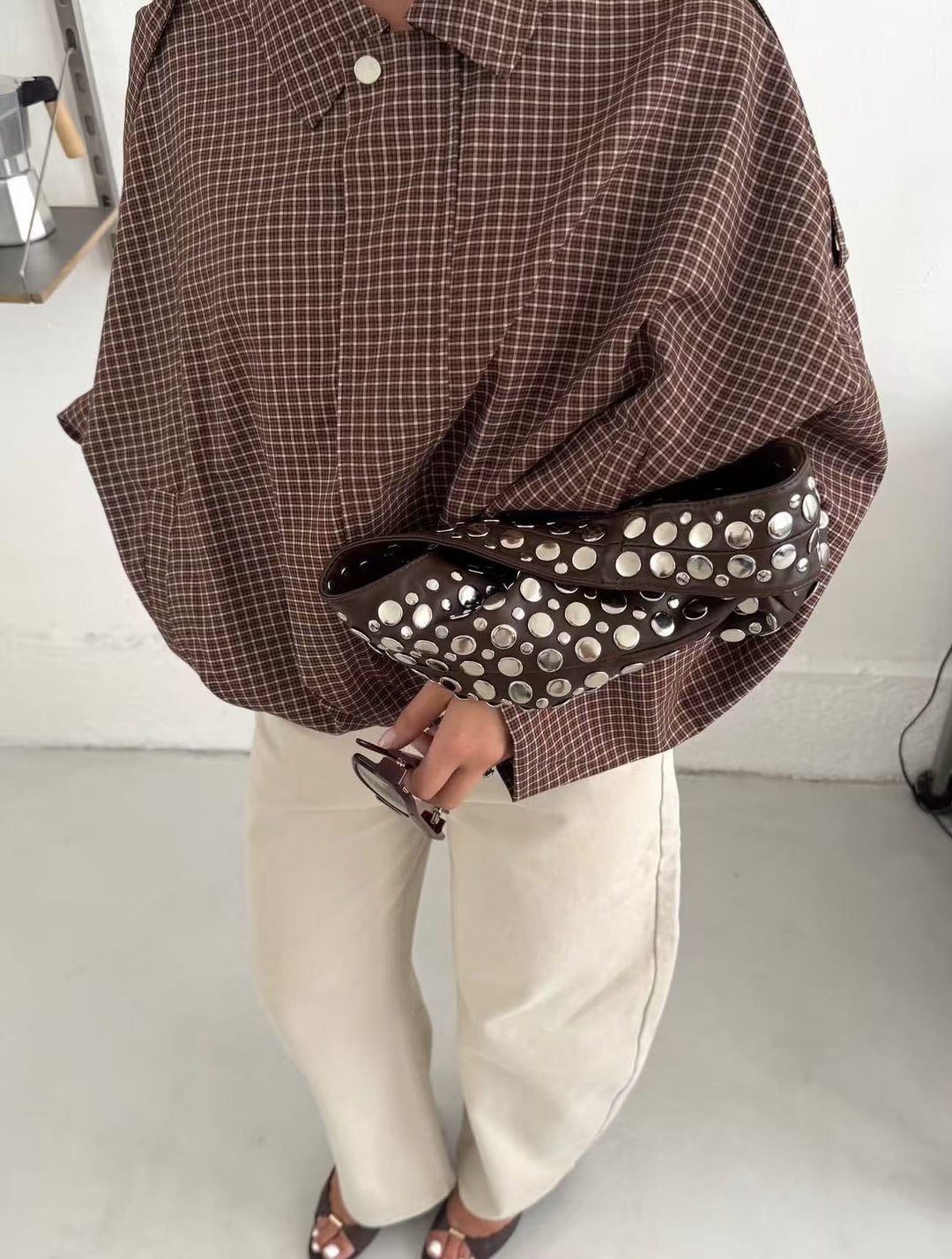 Damen Oversize karierte Bluse mit Fledermausärmeln und verdeckter Knopfleiste Nord Taschen