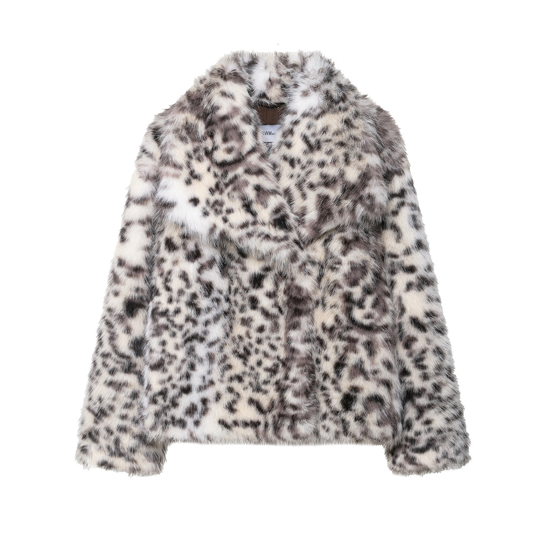 Damen Kurzer Kunstfellmantel mit Leopardenmuster und Schalkragen Nord Taschen