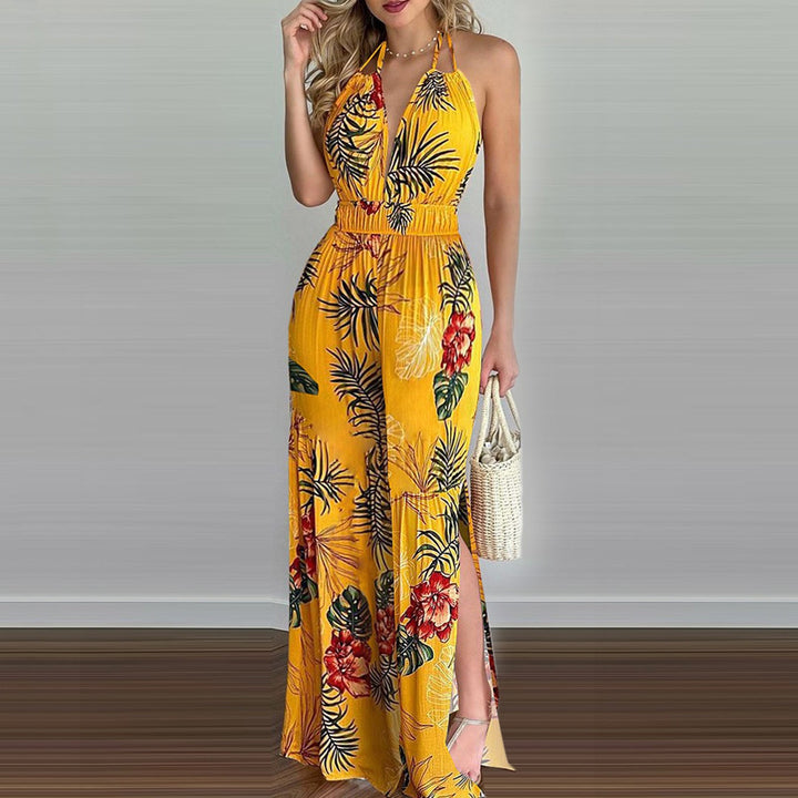 Damen eleganter Jumpsuit mit Spaghettiträgern und hohen Seitenschlitzen