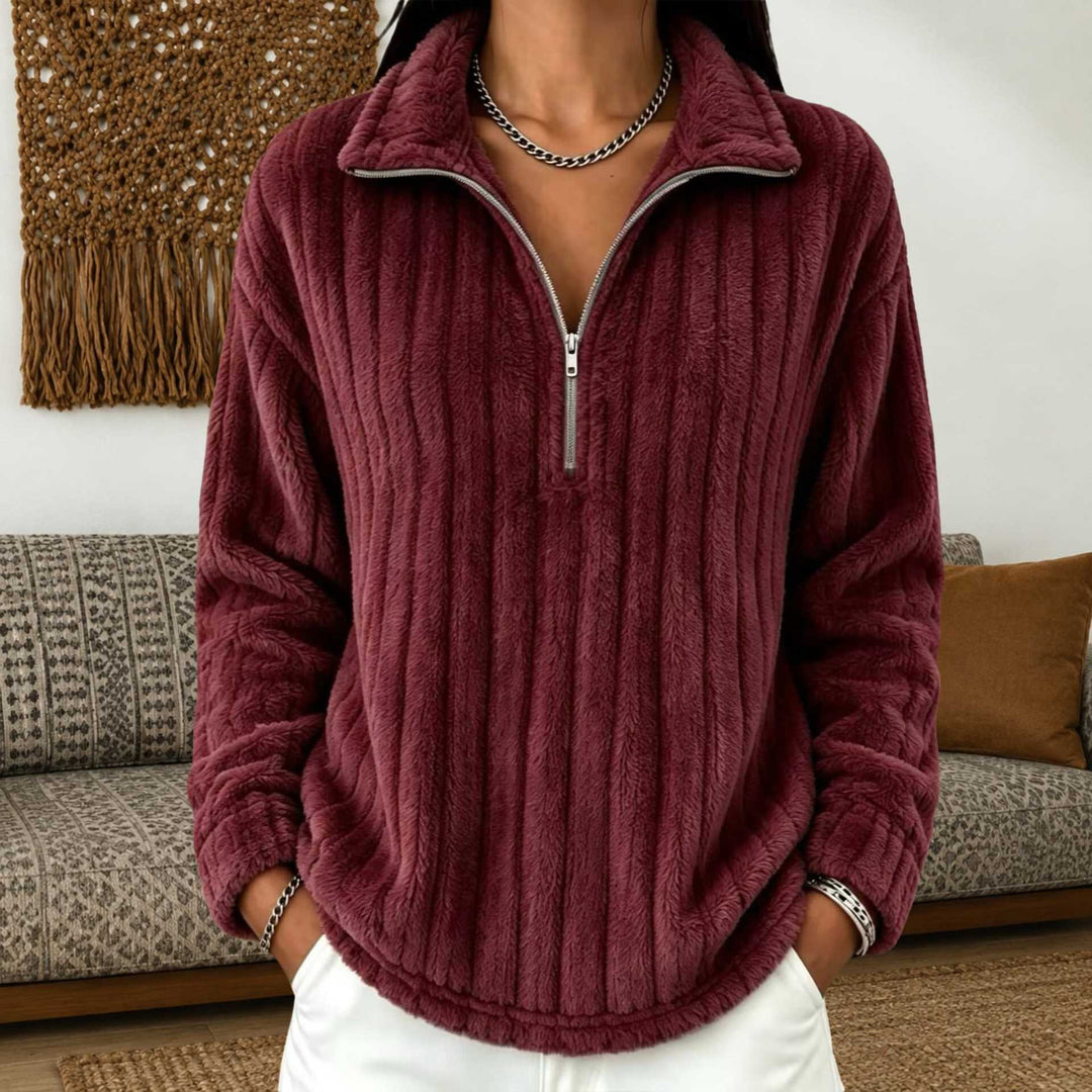 Damen Kuscheliger Plüsch-Halfzip-Pullover mit Stehkragen Nord Taschen