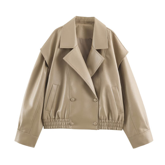 Damen Oversize Kunstlederjacke mit Doppelreihe, weitem Revers und elastischem Saum Nord Taschen