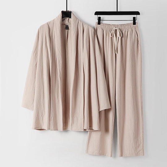 Unisex Lässiges Kimono-Zweiteiler aus atmungsaktivem Leinen-Viskose mit offenem Schalkragen und Kordelbundhose Nord Taschen