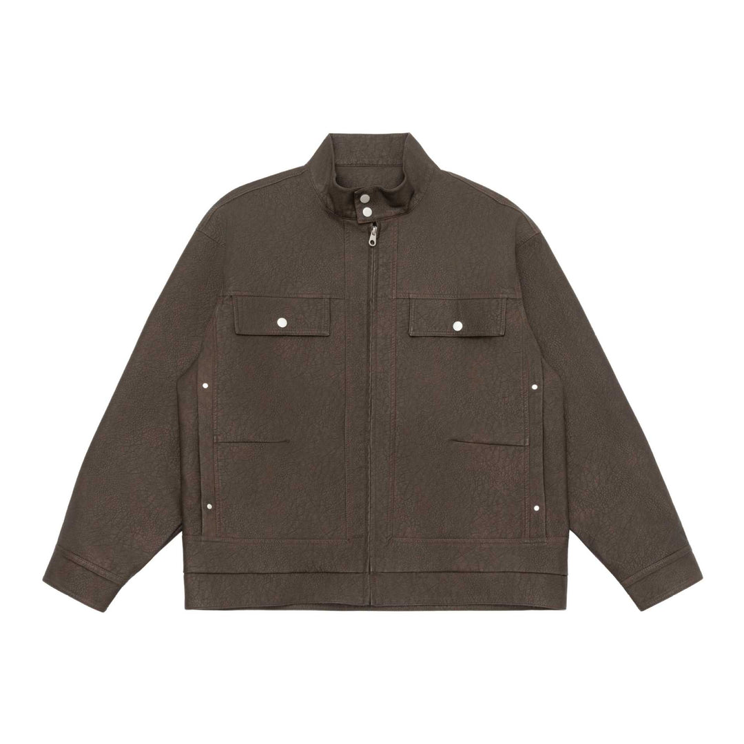 Unisex Boxy-Kunstleder-Blousonjacke mit Stehkragen und aufgesetzten Pattentaschen Nord Taschen