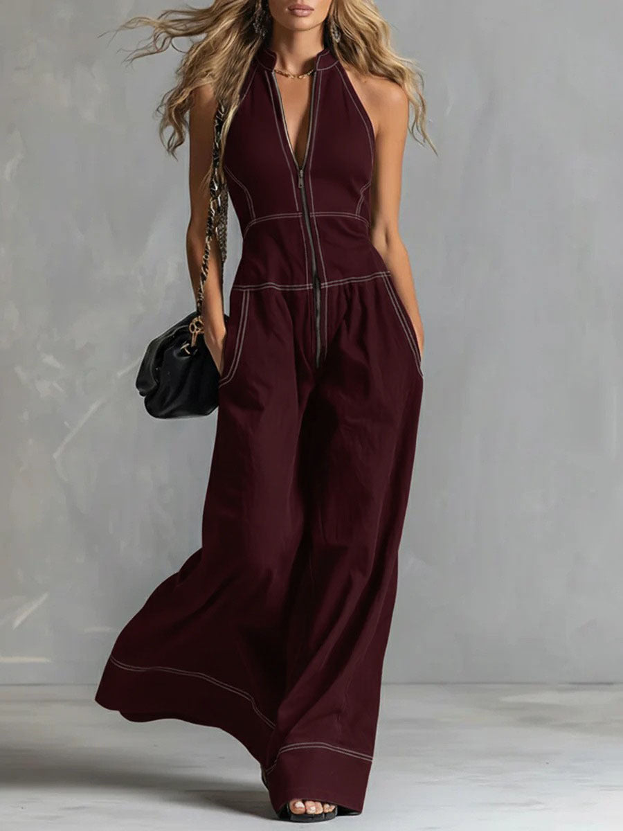 Damen Ärmelloser Halter-Jumpsuit mit Reißverschluss, weitem Bein und Eingrifftaschen Nord Taschen