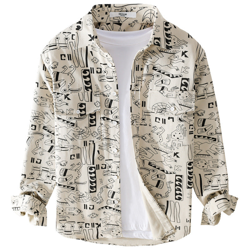 Herren Leichtes Baumwoll-Overshirt mit künstlerischem Linien-Print und doppelter Brusttasche Nord Taschen