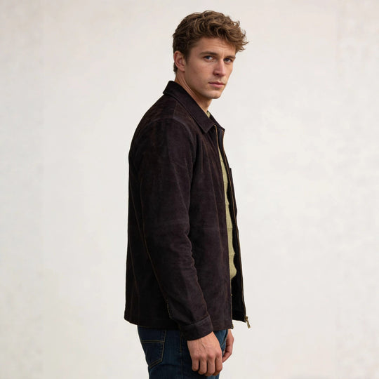 Herren Velourslederjacke mit Reißverschluss und Hemdkragen Nord Taschen