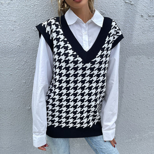 Damen Hochwertiger Strickpullover mit V-Ausschnitt und Hahnentrittmuster Nord Taschen